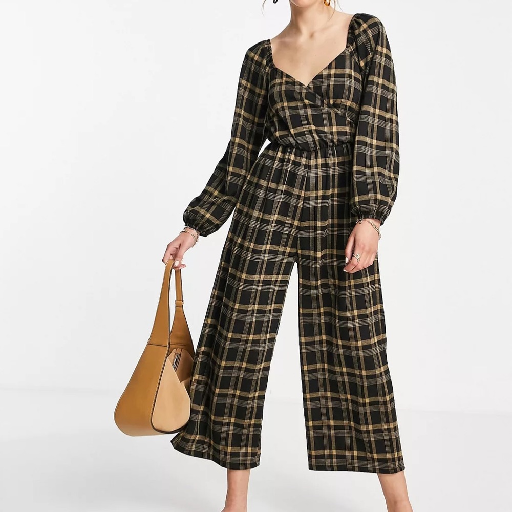 New ASOS River Island wrap front check jumpsuit in brown